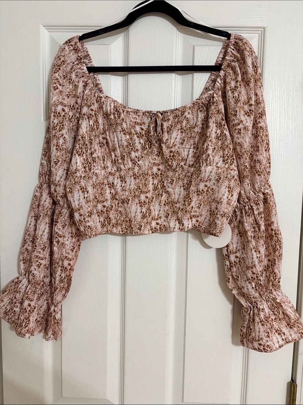 Boho Smocked Cropped Peasant Top in Cream & Brown